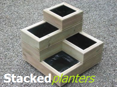 View stacked wooden planters.